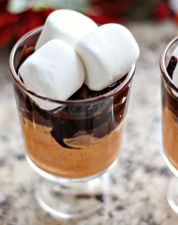 Pumpkin ice cream chocolate pudding trifle with toasted marshmallows Christmas holiday season dessert recipe...