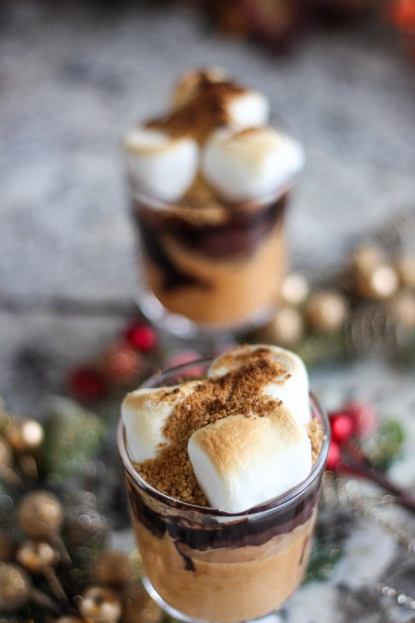 Pumpkin ice cream chocolate pudding trifle with toasted marshmallows Christmas holiday season dessert recipe...