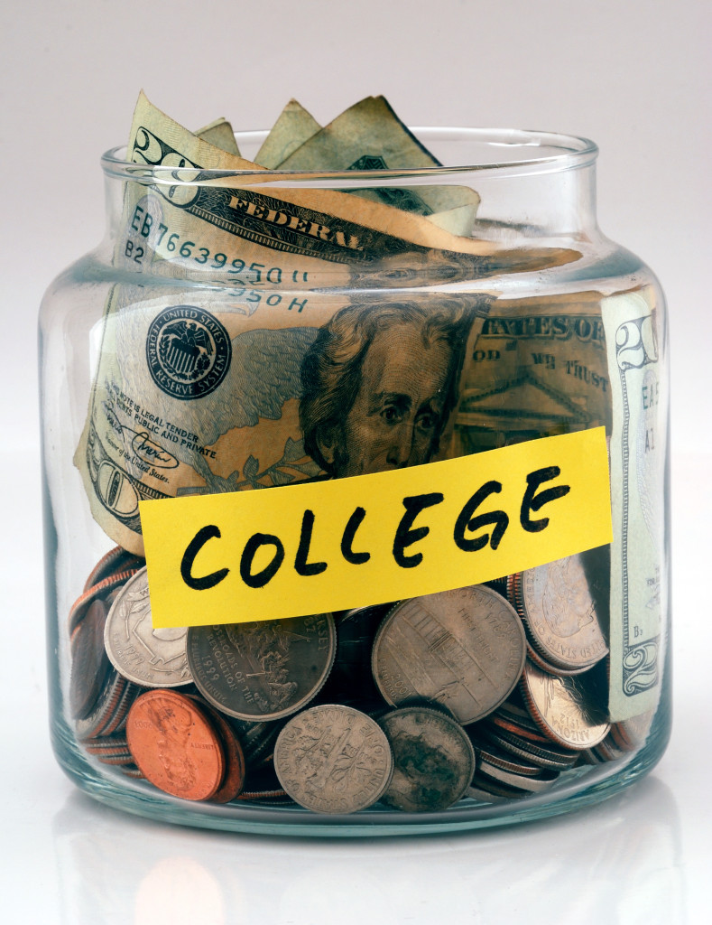A lot of money in a glass bottle labeled “College”