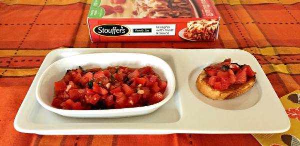 Stouffer's Lasagna with Meat Sauce and homemade fresh tomato bruschetta to balance your plate with a well-balanced frozen and fresh meal option...