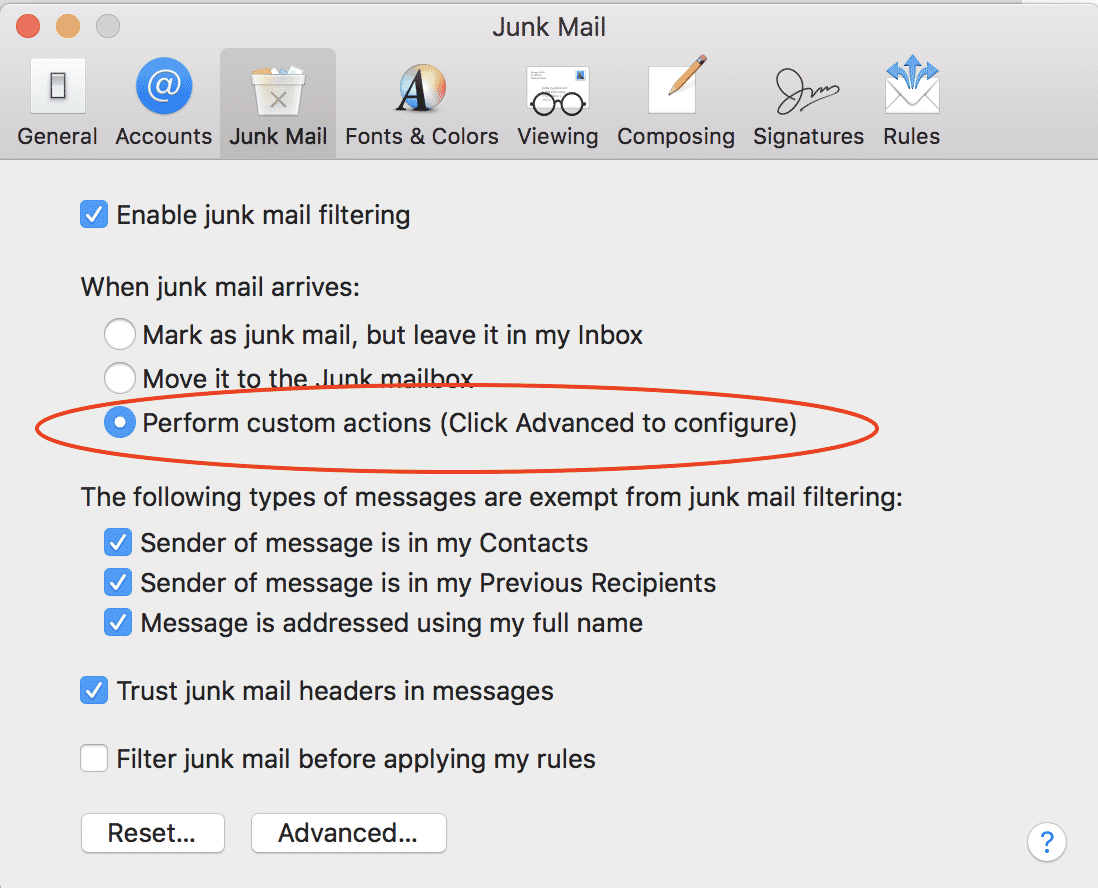 Mac Junk Mail Filtering options