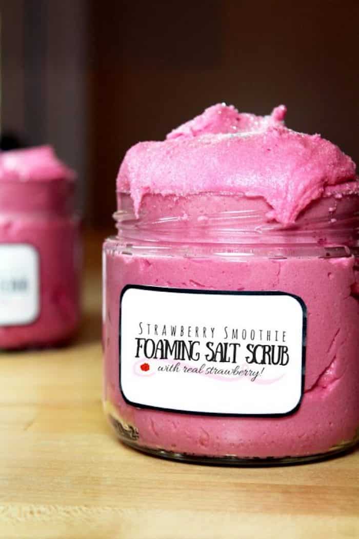 DIY beauty products - strawberry smoothie foaming salt scrub